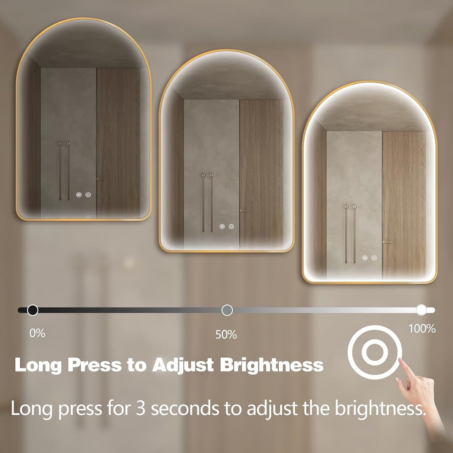 Niccy Arched LED Bathroom Mirror, 32"x20" Gold Framed Arch Wall Lighted Mirrors, Arching Frontlit Vanity-Mirror with Memory Function for Bathroom Bedroom, Defogger and 3 Color, Explosion-Proof