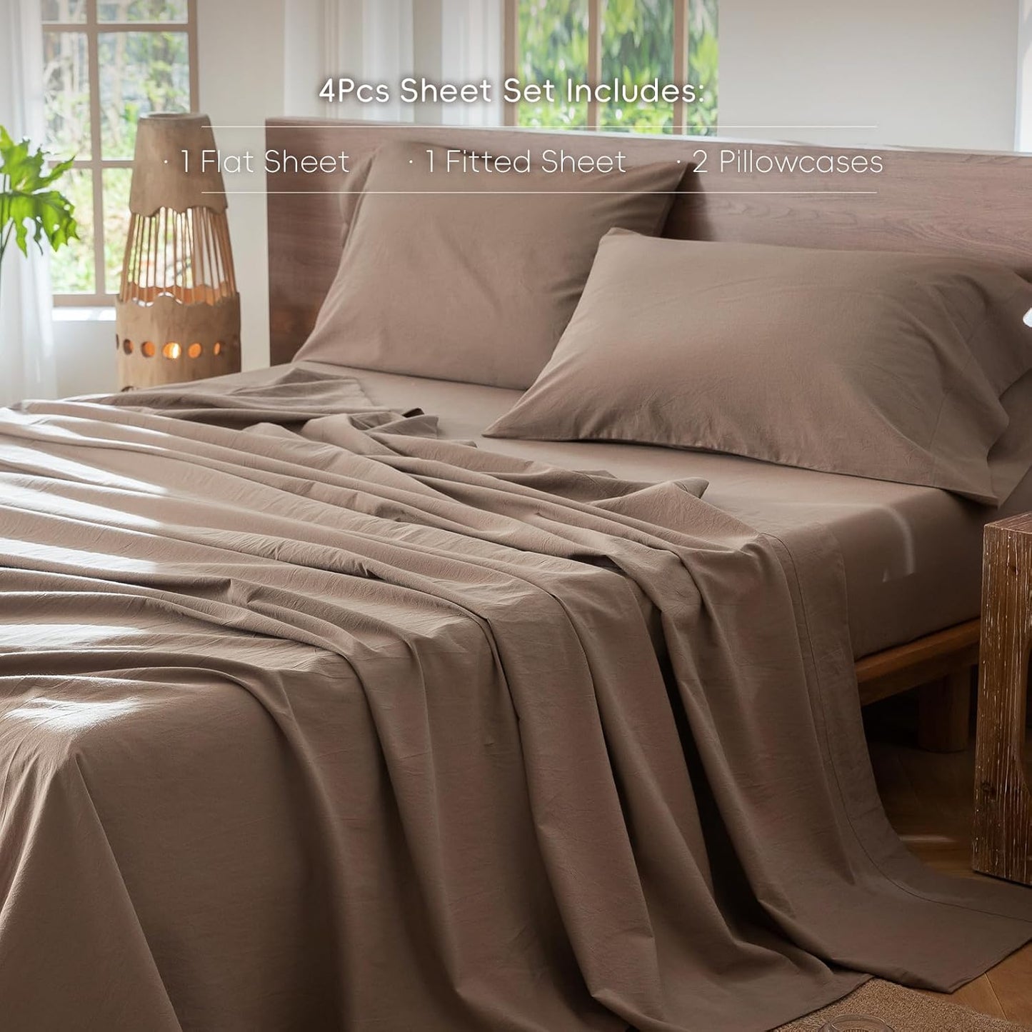 MooMee Bedding Sheet Set 100% Washed Cotton Linen Like Textured Breathable Durable Soft Comfy (Solid Brown, Queen)