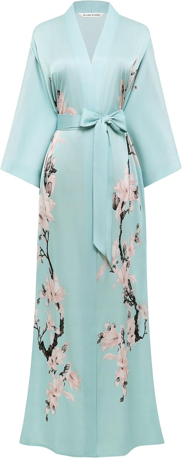 BABEYOND Kimono Robe Cover up with Box Long Floral Satin Sleepwear Silky Bathrobe Bachelorette Robe