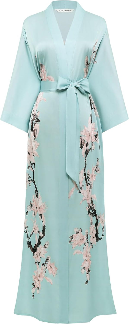 BABEYOND Kimono Robe Cover up with Box Long Floral Satin Sleepwear Silky Bathrobe Bachelorette Robe