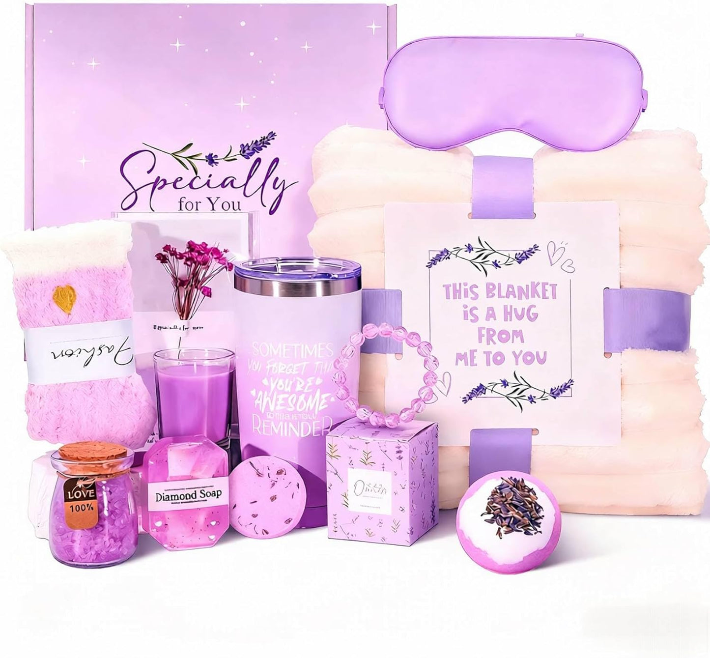 Self Care Gifts Get Well Soon Gift Baskets for Women, Christmas Birthday Gifts for Womens, Inspirational Lavender Relaxing Spa Care Package Thinking of You Gift Set for Mom Wife Her Friends Sister
