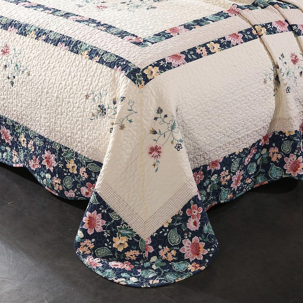 Quilt Set Floral Leaves 3D Embroidery Pattern 3 PCS Cotton Reversible Quilted Embroidered Decorative Bedspreads Coverlet Set, Lightweight &Soft Queen Size Beige Bedding Coverlet for All Season