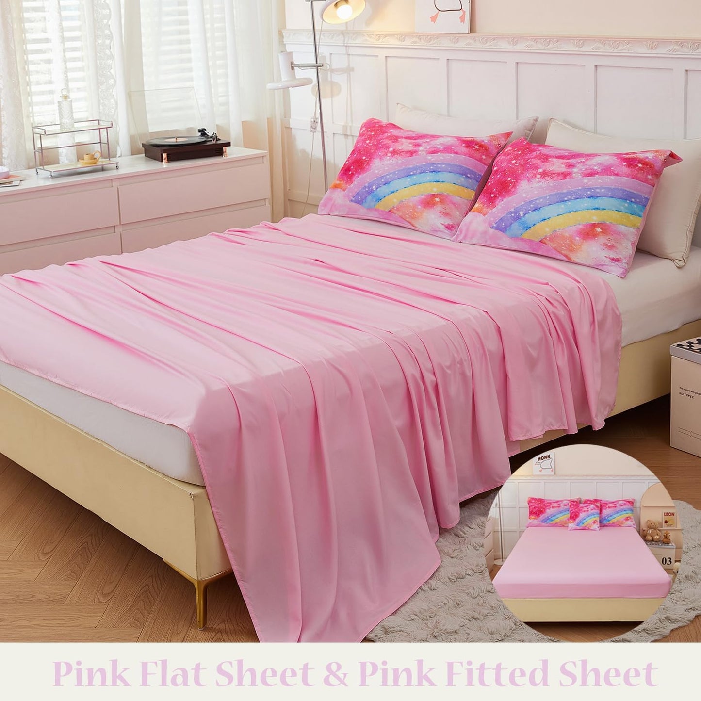 ANGIYUIN 6 Pieces Rainbow Queen Size Bed in A Bag for Girls/Kids/Teens, Colorful Sparkle Tie Dye Girls Comforter Set, Soft Sparkle Glitter Galaxy Bed Sets for All Season