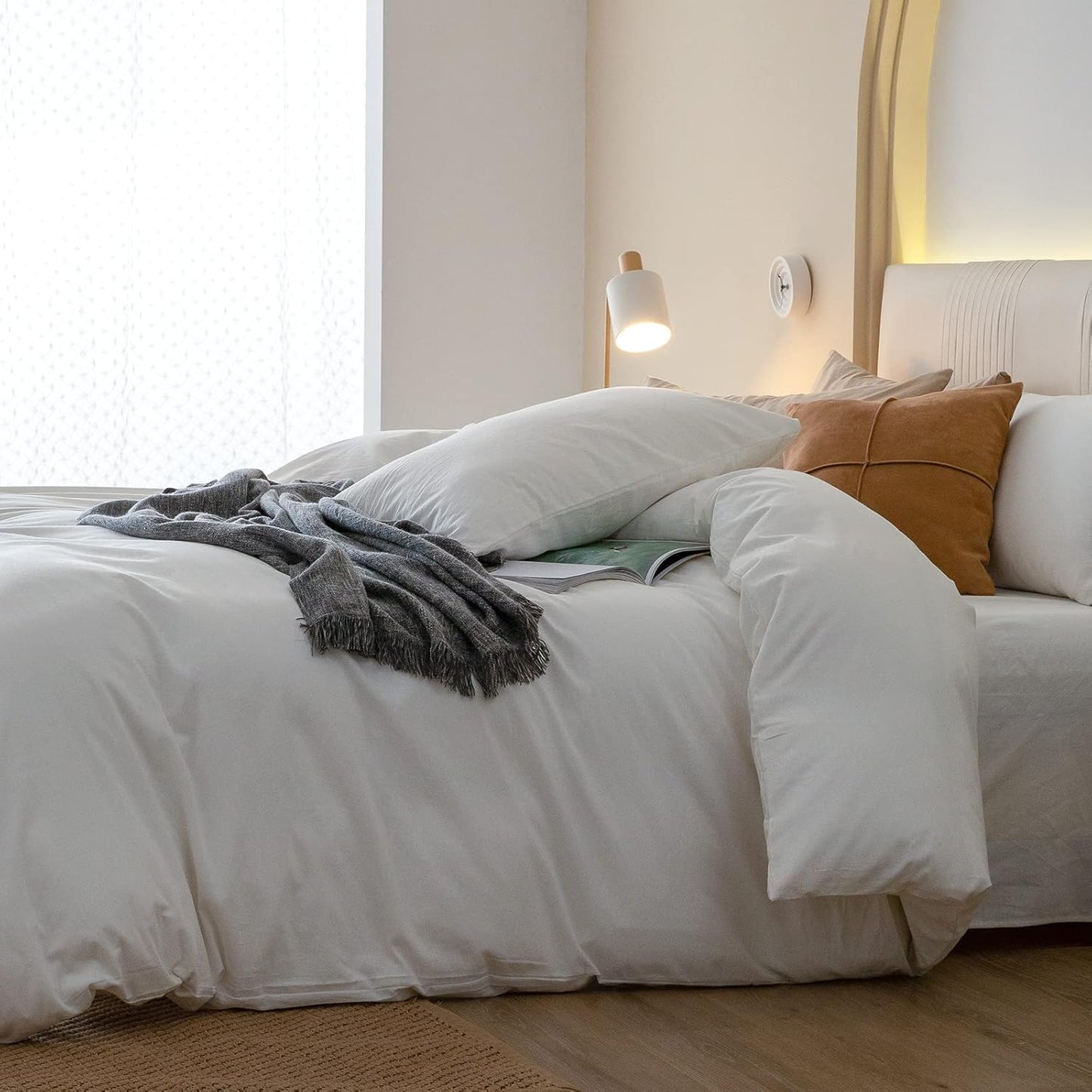 JIYUAN 100% Washed Cotton Duvet Cover Set 3 Pieces Oversized Queen, 1 Duvet Cover 98x98 Inches(Comforter Not Included) and 2 Pillowcases,Linen Feel Bedding Set Comfy and Breathable,Off White