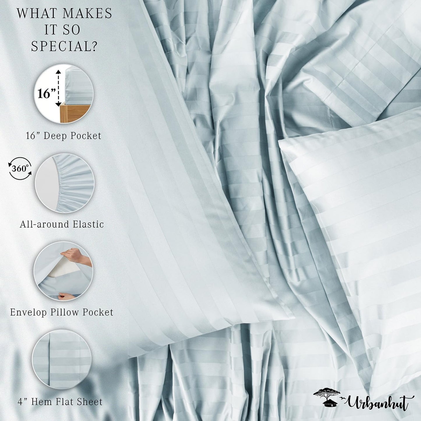 URBANHUT 1000 Thread Count Damask Striped Twin Size Egyptian Cotton Sheets, Long Staple Soft & Breathable, 4 Pc Bed Sheet Sets, Luxury Hotel Sateen Sheets Fits 16" Deep Pocket - Light Blue