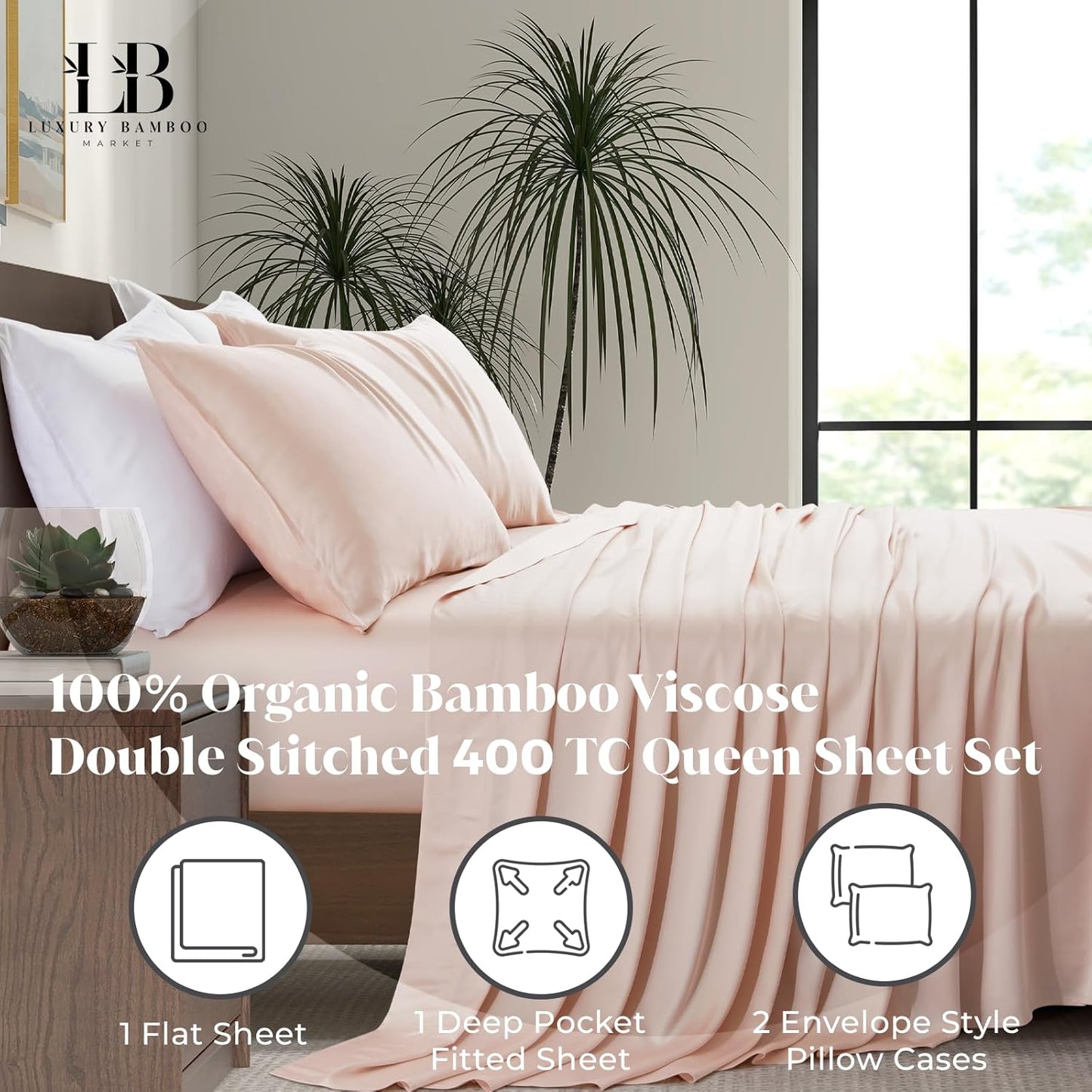 Luxury Bamboo Market | Queen Size Bed Sheet Set | 100% Viscose Made from Bamboo | Organically Grown | Ultra Soft | Cooling Sheets for Hot Sleepers | 17" Deep Pocket [Vintage Pink]