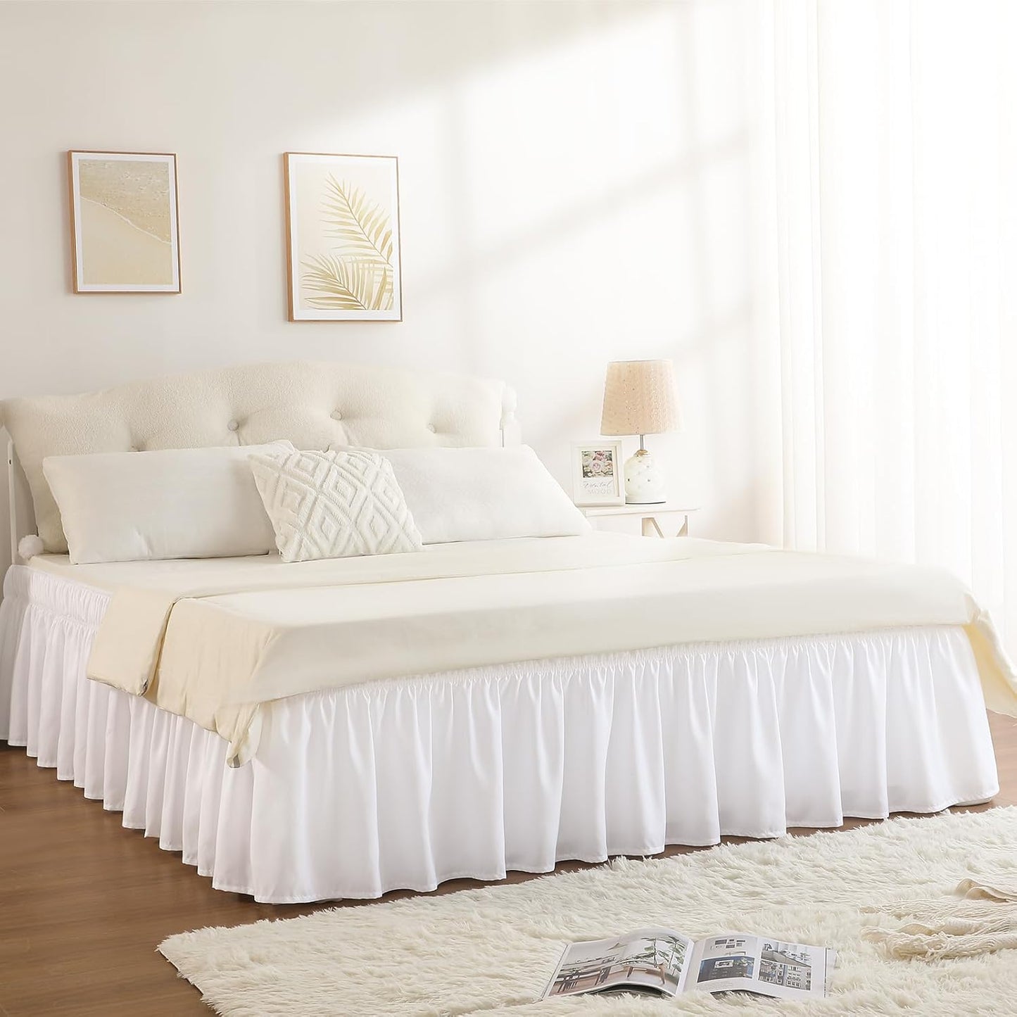 RIMELA White Bed Skirt King Size 16 Inch Drop, Elastic Bed Skirting for Bed Base and Frame, Bedding Dust Ruffle Easy to Install, Lightweight Wrap Around Adjustable Bedskirt
