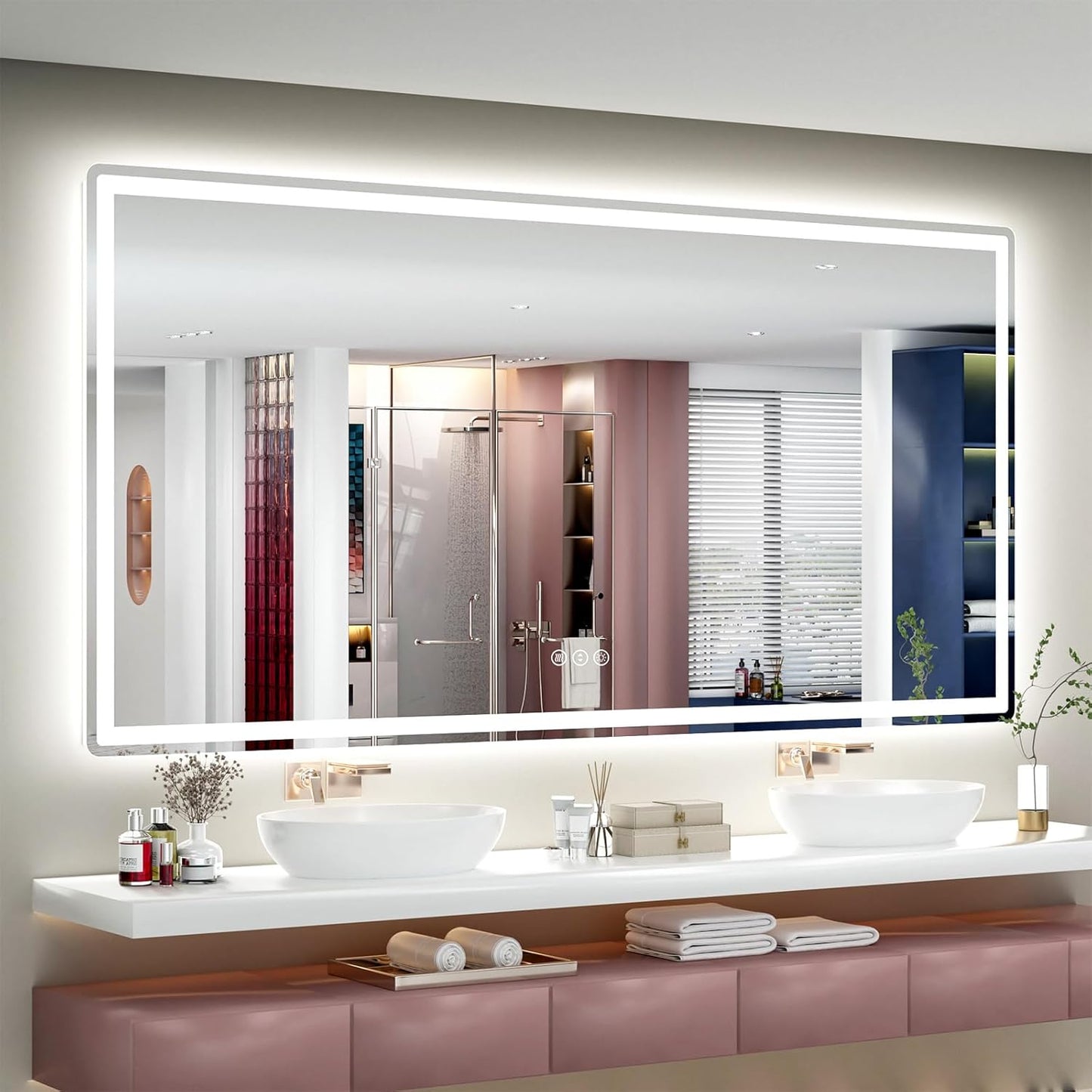 SMIROR LED Bathroom Mirror with Lights 72"x 40", Rounded Rectangle Lighted Vanity Mirror for Wall, Front Lit and Backlit, 3 Colors, Dimmable, Anti-Fog, Tempered Glass (Horizontally/Vertically)