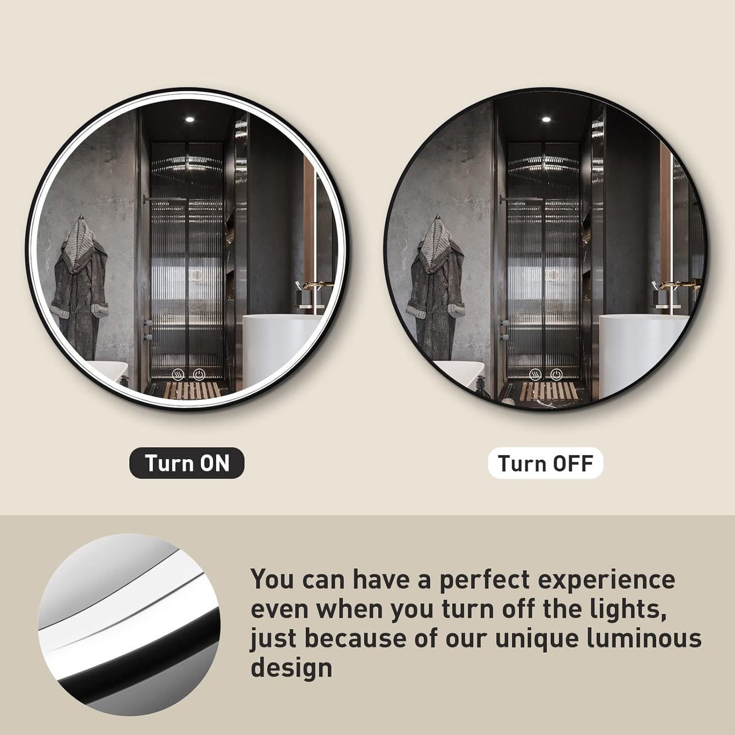 32" Round LED Bathroom Mirror, Dimmable Anti-Fog Vanity Mirror with Touch Control, 6000K Natural Light, Black Metal Frame, Wall Mounted for Makeup Shaving (IP54, 90+ CRI)