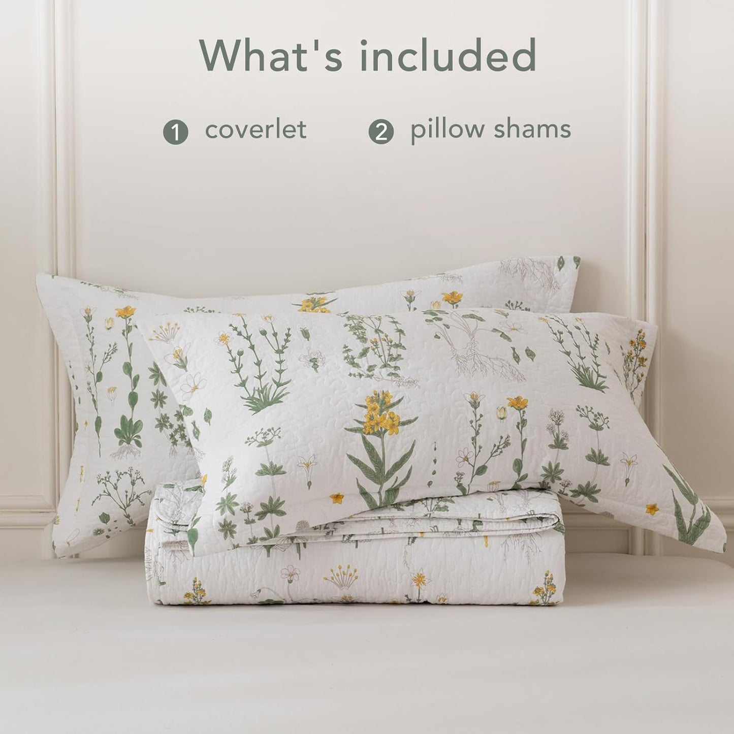 Lady Ann Oversized King Bedspreads 128x120, Cotton California King Quilt Bedding Set, Yellow Floral & Green Leaves Pattern Printed Cottagecore Coverlet Set Shabby and Chic Bedspread, 3 Pcs