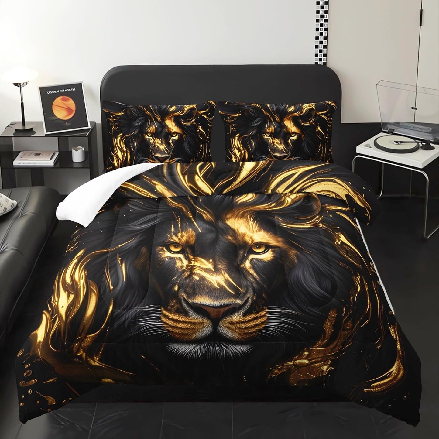 Black & Gold Queen Comforter Set Lion，Animal Print Queen Size Bedding，with 1 Comforter with 2 Pillow Case，Lion Themed Bedroom Decor for Boy Kids