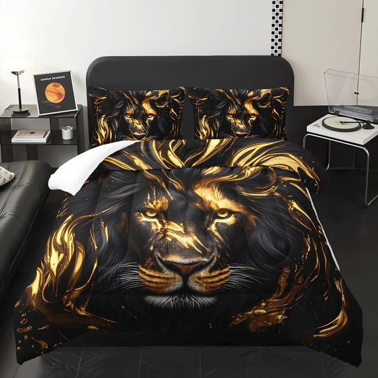 Black & Gold King Comforter Set Lion，Animal Print King Size Bedding，with 1 Comforter with 2 Pillow Case，Lion Themed Bedroom Decor for Boy Kids