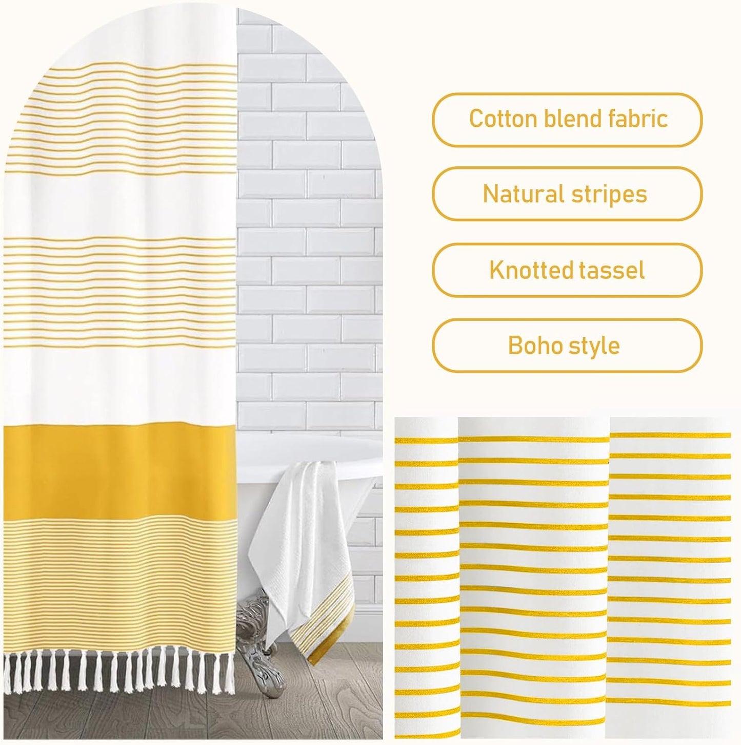 Awellife Boho Yellow Shower Curtain for Bathroom Farmhouse Cotton Stripe Tassel Shower Curtain Natural Texture 72" L x 60" W