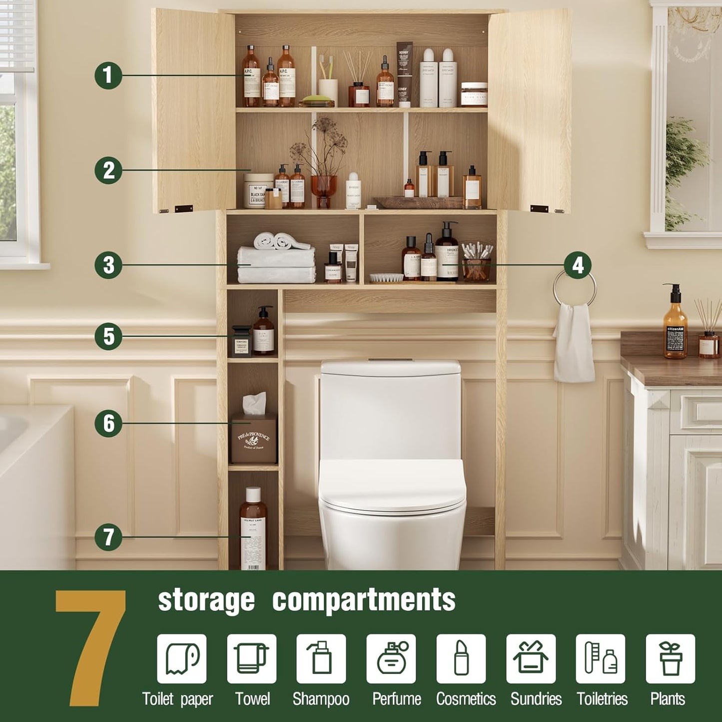 31" W Over The Toilet Storage Cabinet with Fluted Door, Oak Bathroom Organizer with Adjustable Shelf, Natural Toilet Paper Holder Stand Wave Door for Restroom, Laundry Room