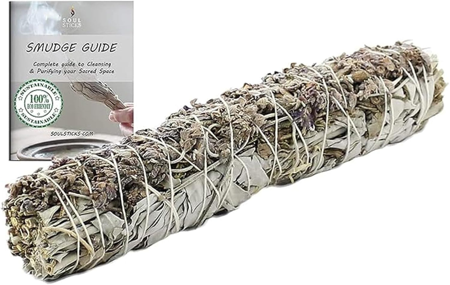 Soul Sticks 9 Inch 1 Pack Organic White Sage & Lavender Smudge Stick With Starter Guide, Bulk Quantities for Home Cleansing, Meditation, & Smudging Rituals, Sustainably Sourced California White Sage