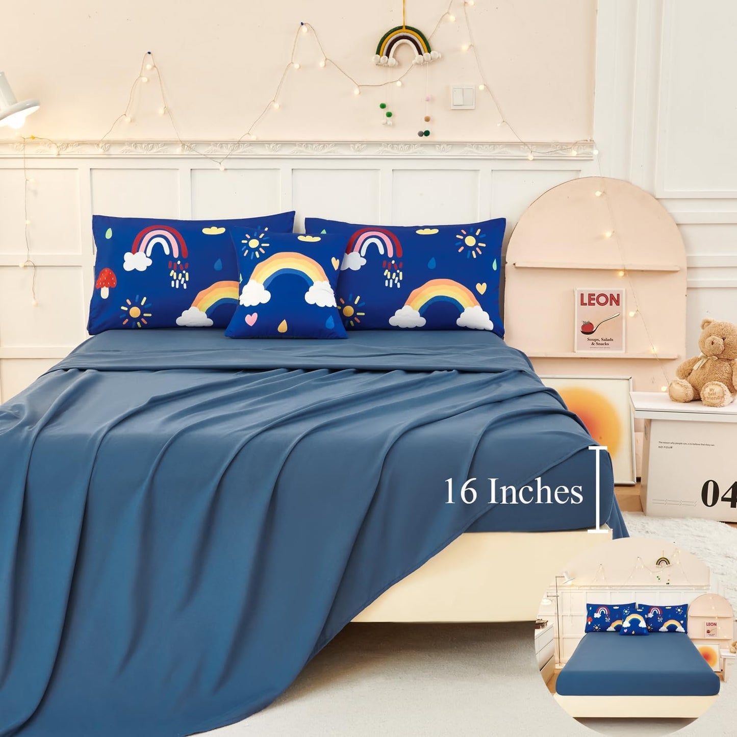 ANGIYUIN Blue Rainbow Kids Full Size Bed in A Bag with Sheets Cute Cloud and Rain Design Girls Comforter Set Soft Microfiber Bedding Set, Blue, Full