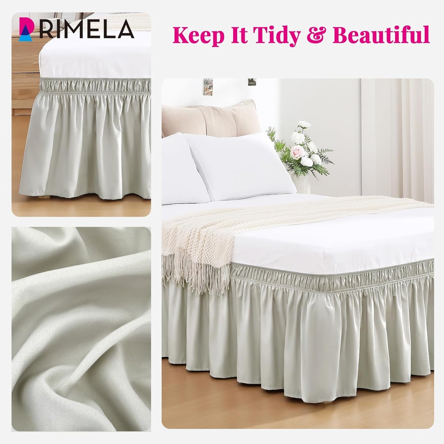 RIMELA Light Grey Bed Skirt King Size 15 Inch Drop, Wrap Around Elastic Bedskirt, Dust Ruffle for Adjustable Bed Base Machine Washable Easy to Install Bed Skirts