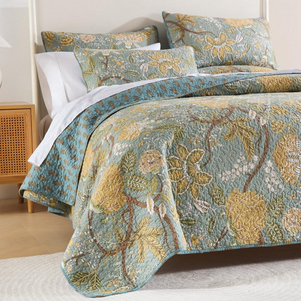 Cotton Bedspread Bedding Coverlet Quilt Sets, Reversible Vintage Branch Floral Bedspread comforters, (Rustic Sage Green Floral Pattern, King Size)