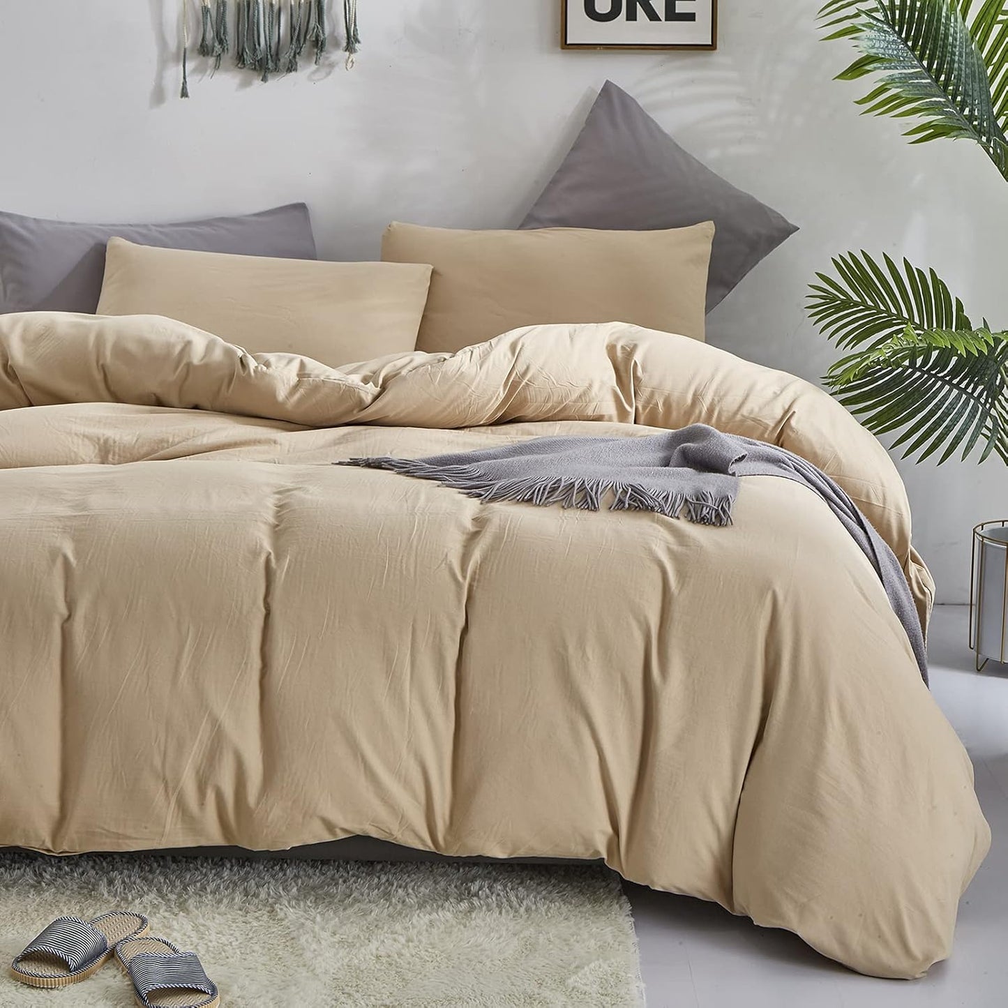 KAREVER Champagne Comforter Set King Beige Bedding Set Lightweight Women Soft Champagne Blanket 3 PCs Durable Light Khaki Colored Comforter Set King Breathable Bed Comforter Set