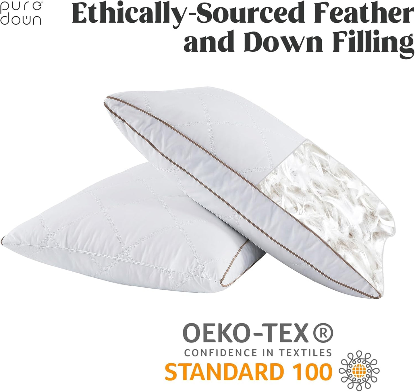 puredown® Natural Goose Down Feather Pillows for Sleeping Oval Gusseted Feather Down Pillow 100% Cotton Pillow Cover with Leaf Quilting Standard Set of 2