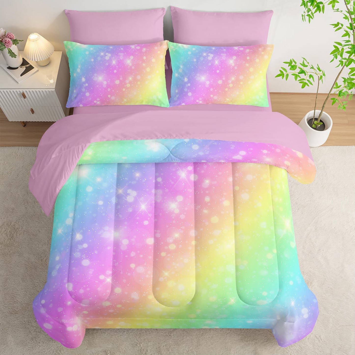 7 Piece Rainbow Comforter Set - Bed in a Bag, Pastel Galaxy Bedding Queen, Soft Microfiber, Kids/Teens/Girls, All Season