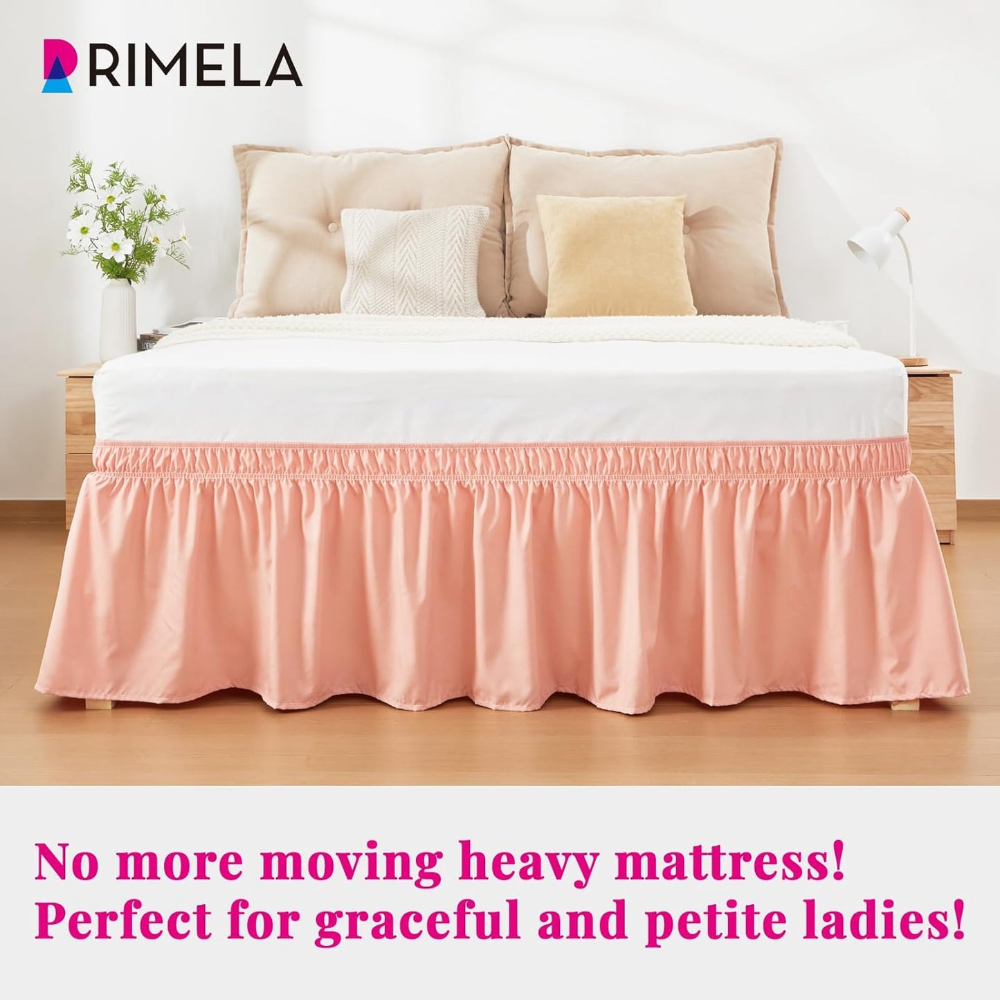 RIMELA Peachy Coral Bed Skirt Queen Size 18 Inch Drop, Wrap Around Elastic Bedskirt, Dust Ruffle for Adjustable Bed Base Machine Washable Easy to Install Bed Skirts