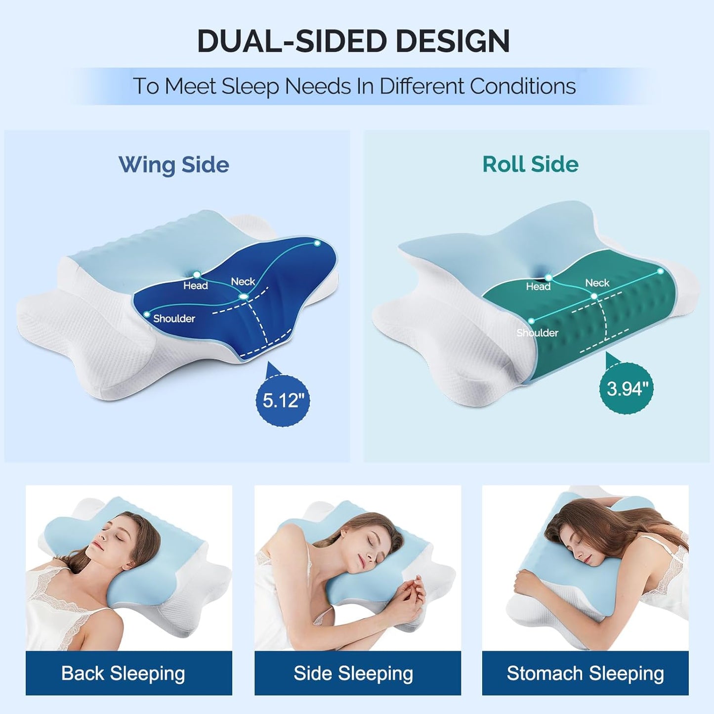 Cervical Pillow for Neck Pain Relief - Cooling Ergonomic Dual-Sided Orthopedic Neck Pillow with Ice Silk Pillowcase, Breathable Memory Foam Contour Pillow for Side, Back, Stomach Sleepers