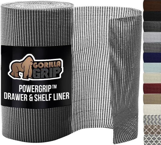 GORILLA GRIP powerGRIP Drawer Shelf and Cabinet Liner, Thick Strong Hold, Non-Adhesive Liners Protect Kitchen Cabinets and Cupboard, Bathroom Drawers, Easy Install, Breathable Mat, 17.5" x20', Gray