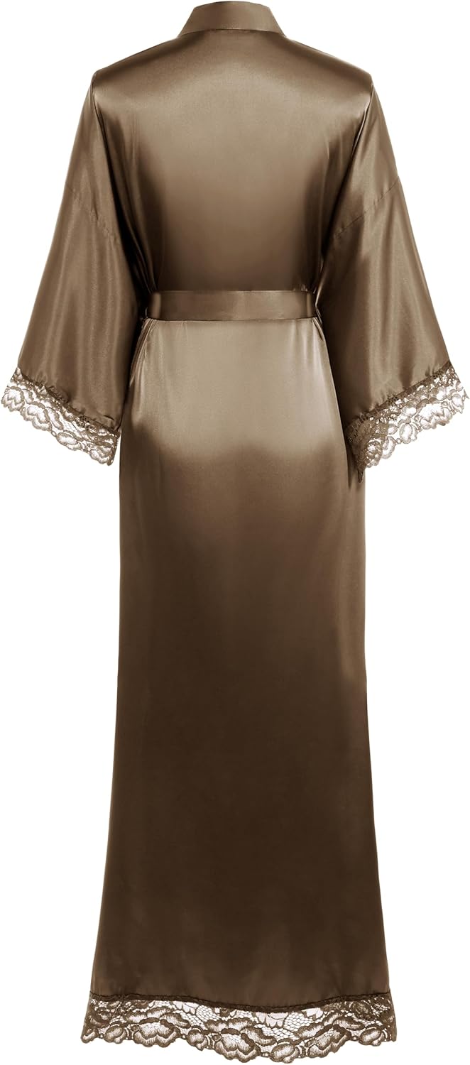 BABEYOND Satin Kimono Robe Silky Long Bridesmaid Wedding Lightweight Bath Robe with Lace Trim