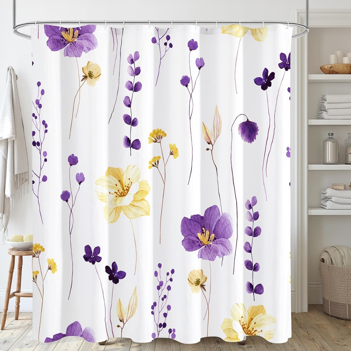 Gibelle Watercolor Floral Shower Curtain, Purple Yellow Flower Shower Curtain for Bathroom, Modern Minimalist Waterproof Fabric Shower Curtain Set with Hooks 72x72 Inch