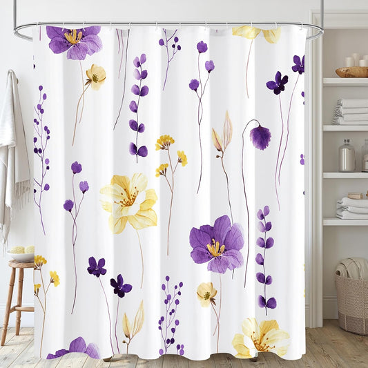 Gibelle Watercolor Floral Shower Curtain, Purple Yellow Flower Shower Curtain for Bathroom, Modern Minimalist Waterproof Fabric Shower Curtain Set with Hooks 72x72 Inch