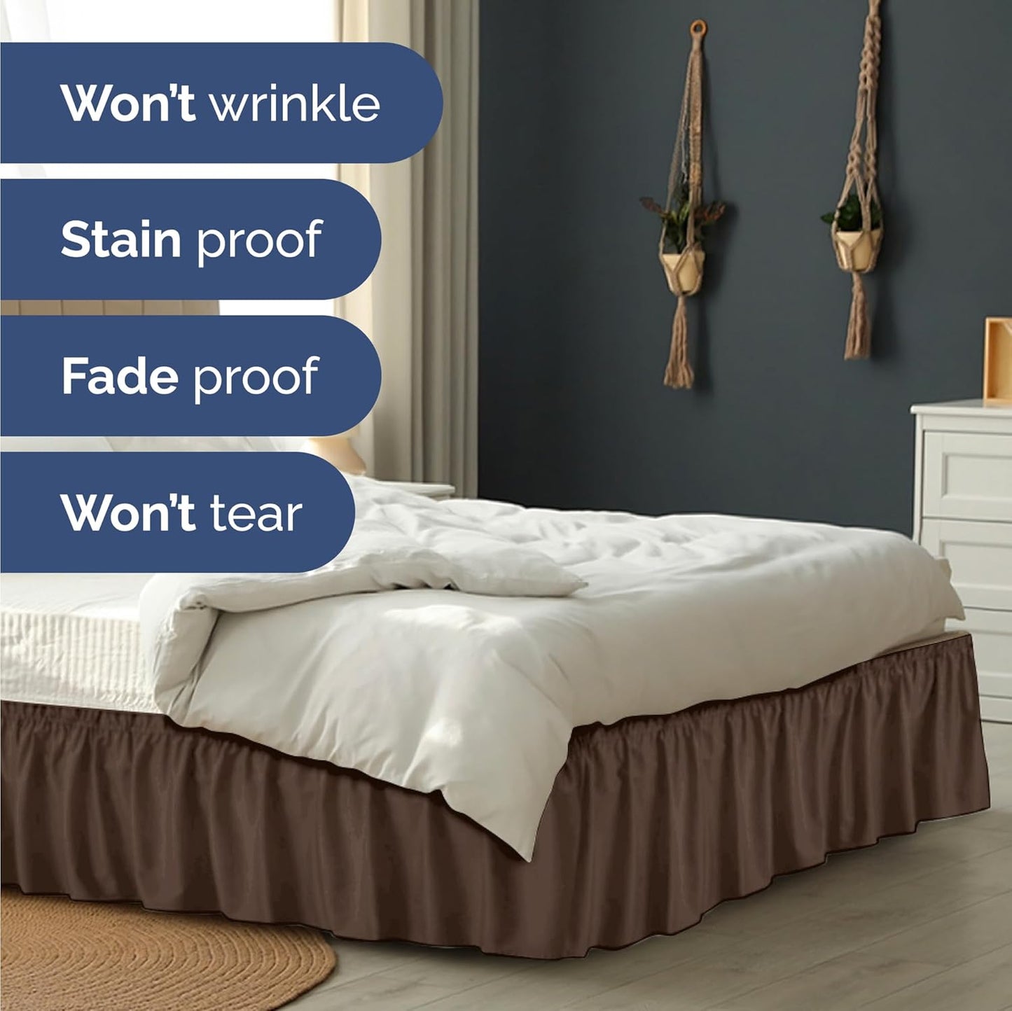 Wrap Around Dust Ruffle Bed Skirt - Brown - for King Size Beds with 15 Inch Drop - Easy Fit Elastic Strap - Adjustable Pleated Bedskirt w/Brushed Fabric - Wrinkle Free - for Women, Men, Kids & Teens