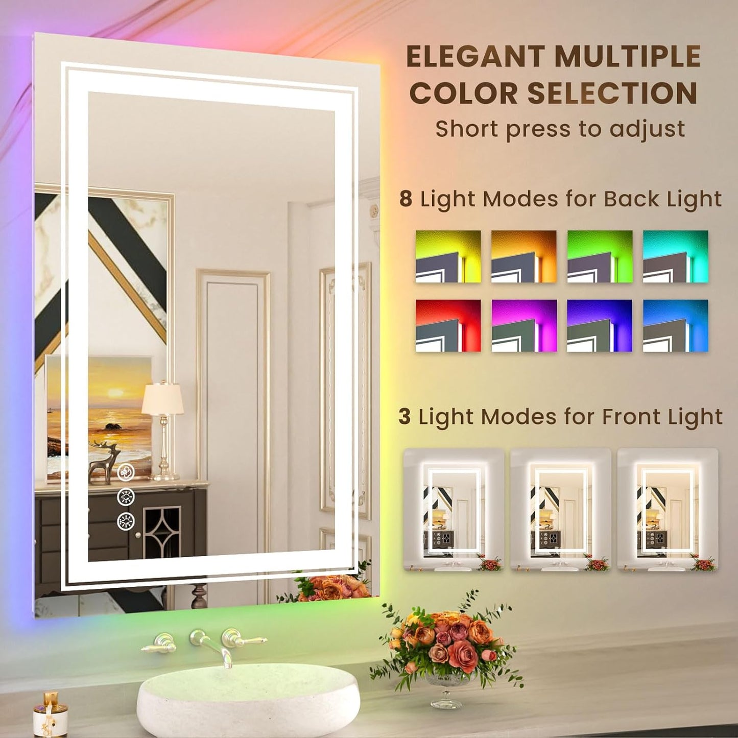 WTTY RGB LED Bathroom Mirror 24"x36" with Backlit and 3 Front Light,Stepless Dimmable LED Mirror for Bathroom,Lighted Bathroom Vanity Mirror for Wall,Anti-Fog,Memory Function,Shatter-Proof