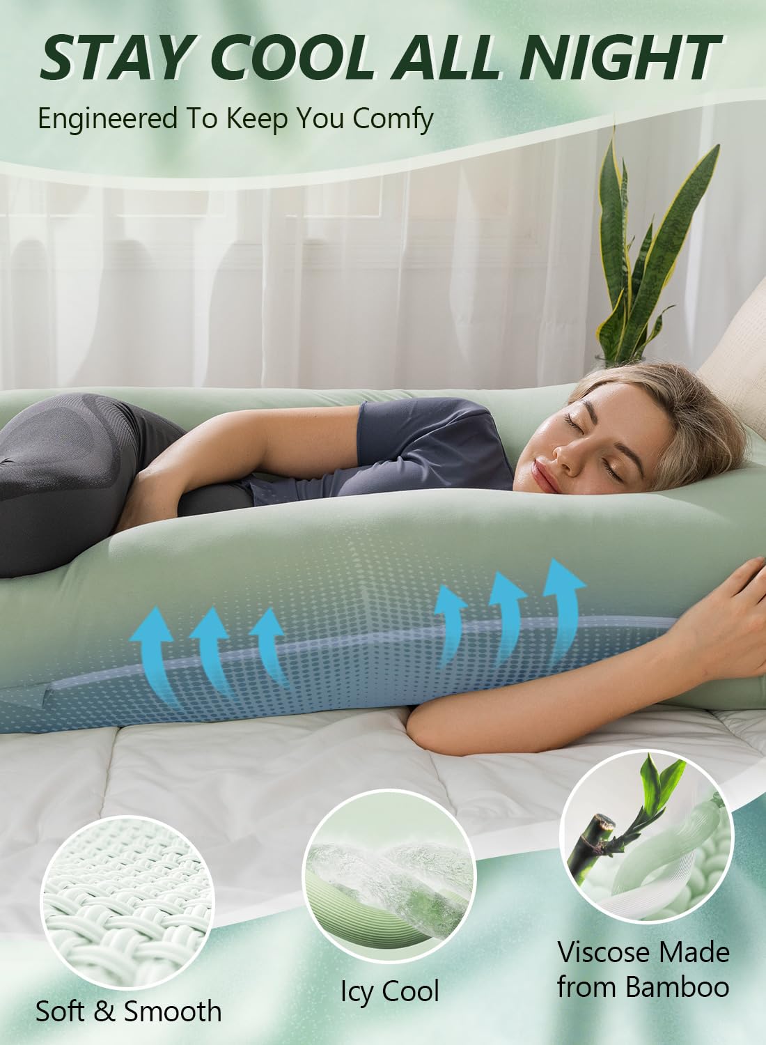 Meiz Pregnancy Pillow, U Shaped Pregnancy Pillows for Sleeping Cooling, 55 Inch Maternity Pillow for Pregnant Women, Body Pillows for Adults, Rayon Cover from Bamboo, Sage Green