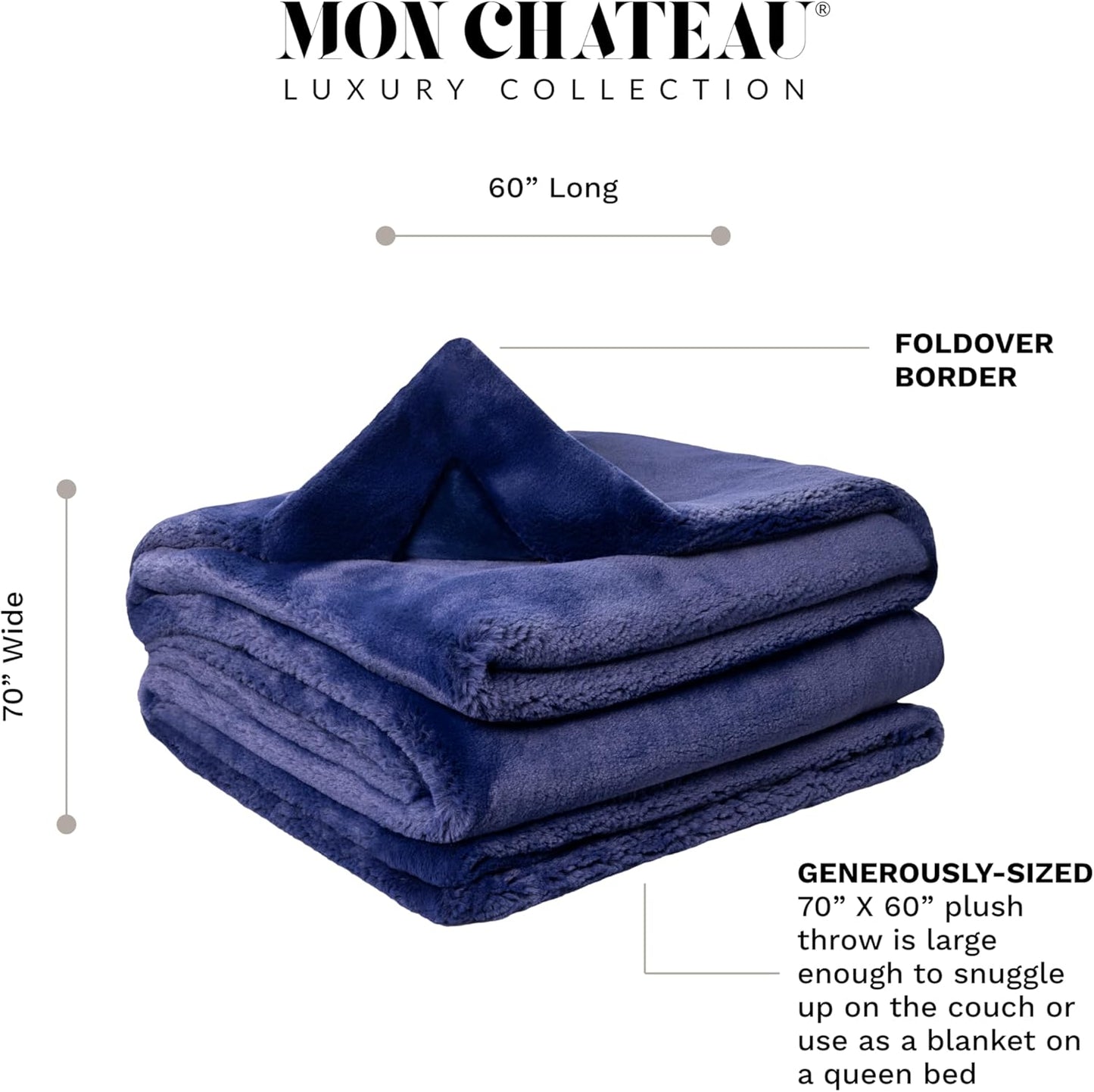 Mon Chateau 60" x 70" Embrace Foldover Faux Fur Throw, Plush Throw with 6cm Foldover for Couch, Sofa, or Bed, Ultra Soft Blanket for Sleeping or Home Decor, Midnight Tide
