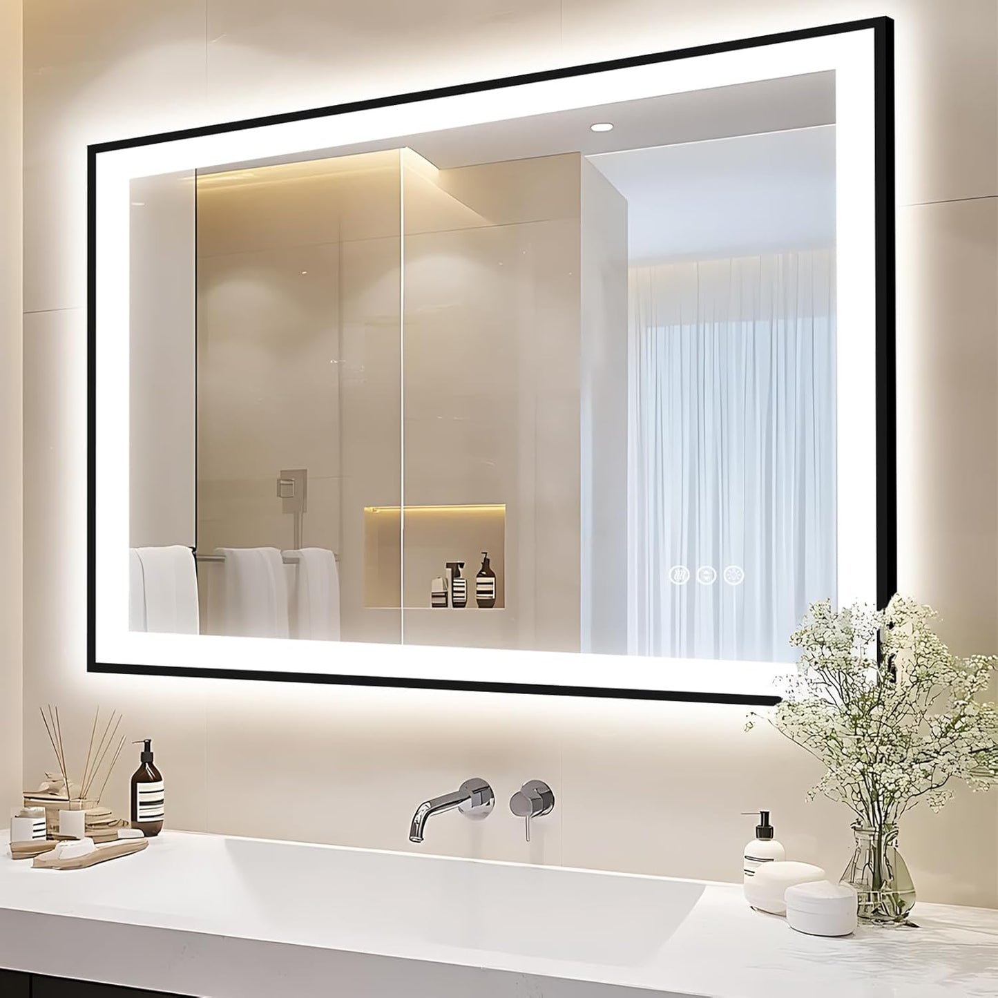 44x36 LED Light Mirror for Bathroom - Black Framed Mirror (Front and Backlit), Anti-Fog Bathroom Vanity Mirror, Stepless Dimmable Lighted Mirror, Tempered Glass, Memory (Horizontal/Vertical)