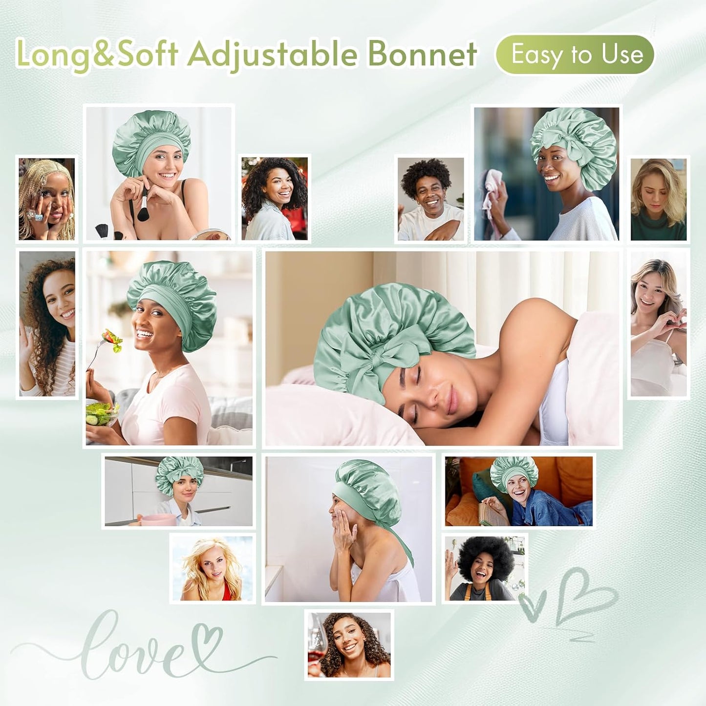BONNET QUEEN Silk Bonnet for Sleeping Women Satin Bonnet Night Sleep Cap Wrap for Curly Hair with Adjustable Tie Band, Single Layer, Sage