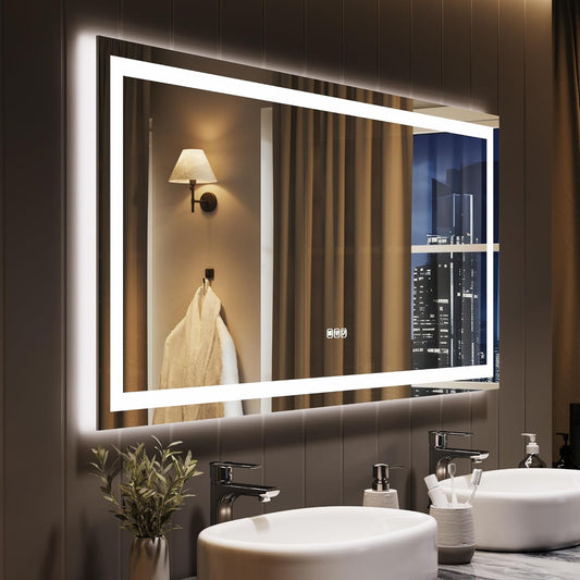 GarveeHome 55x26 LED Bathroom Mirror with Lights, Dimmable, Anti-Fog, Backlit + Front Lit, Lighted Bathroom Vanity Mirror for Wall, Memory Function, Shatter-Proof (Horizontal/Vertical)