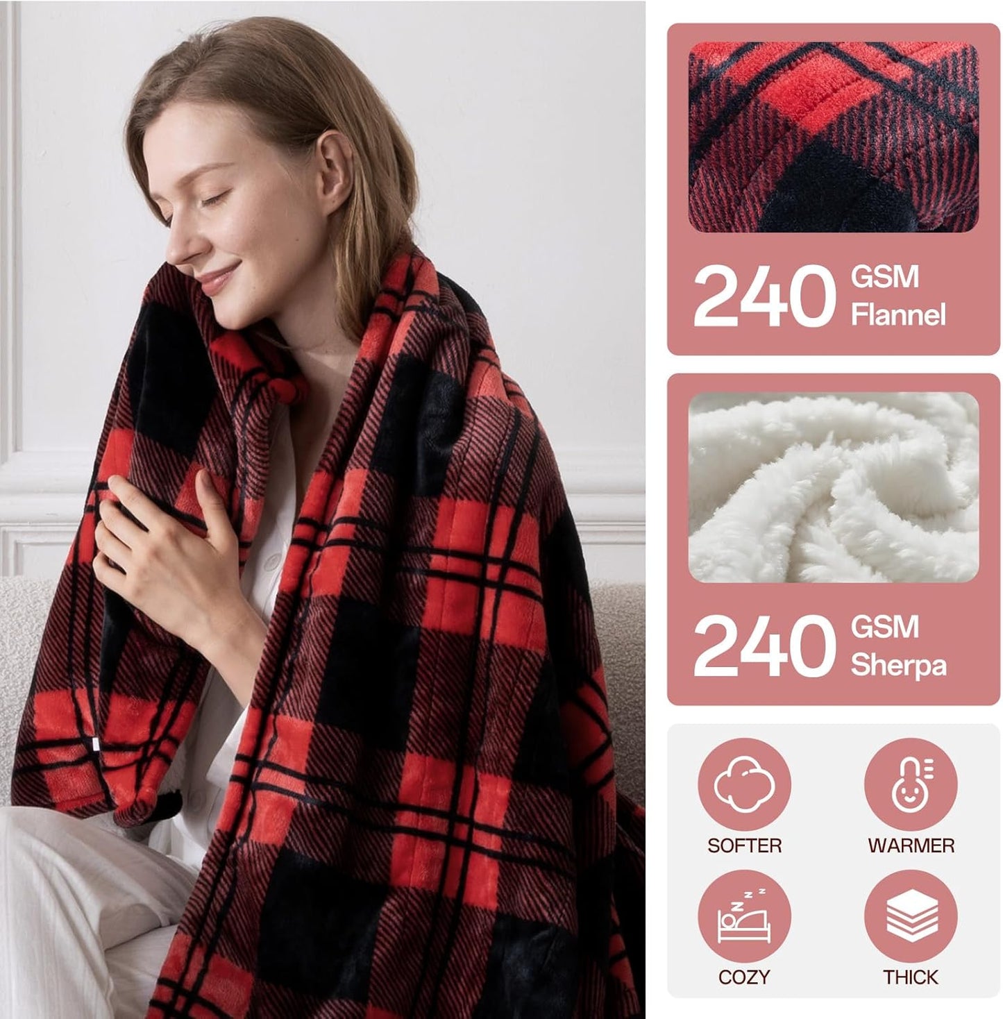 Heated Electric Blanket Twin Size 84" x 62", 8 Heat Settings, 10-Hour Selectable Auto Shut-Off, Fast Heating Blanket, Machine Washable, Warm and Cozy Red Black Plaid Checkered Sherpa Blanket,