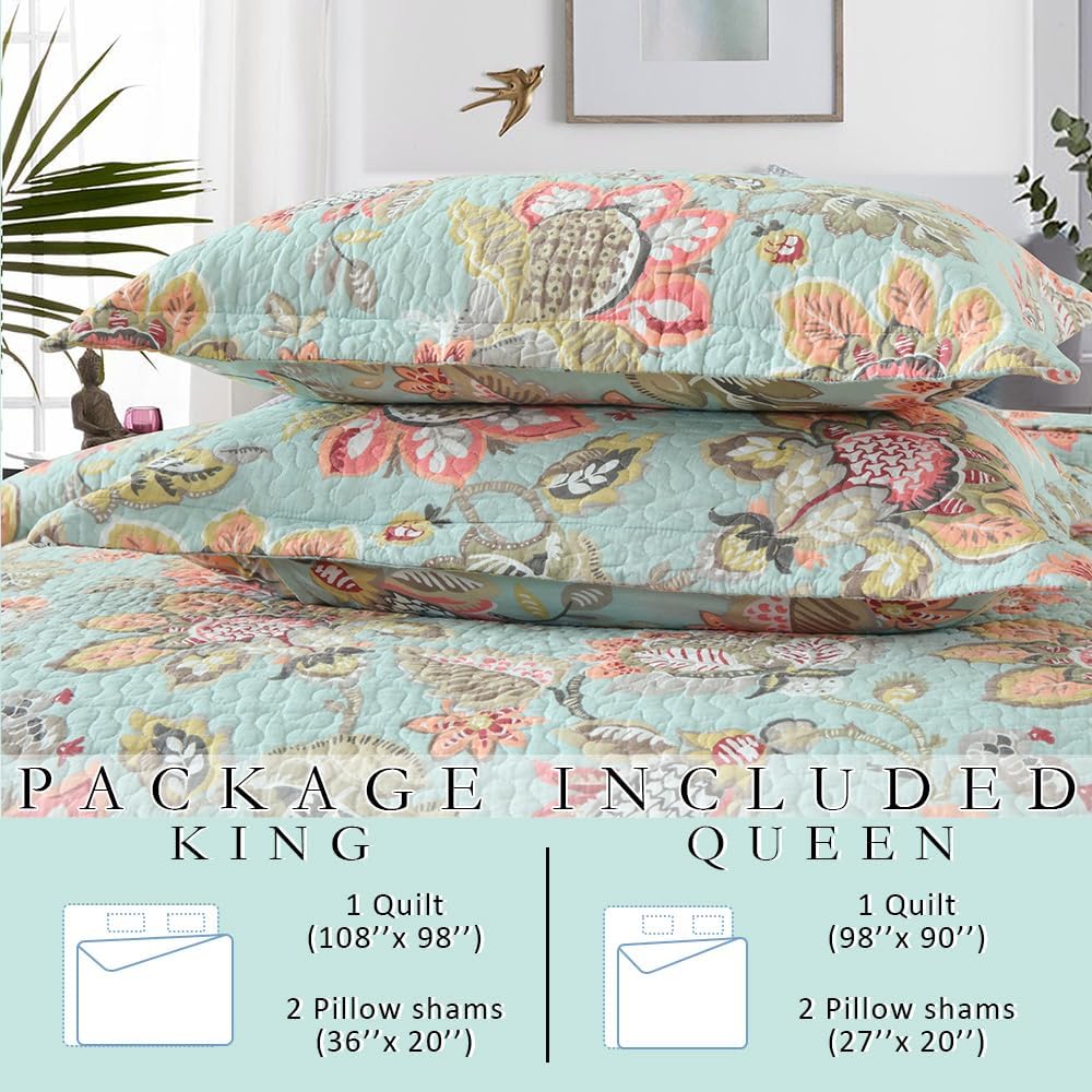 Cotton Bedspread Bedding Coverlet Quilt Sets, Reversible Vintage Branch Floral Bedspread comforters, (Vintage Floral Blue Pattern, Queen Size)