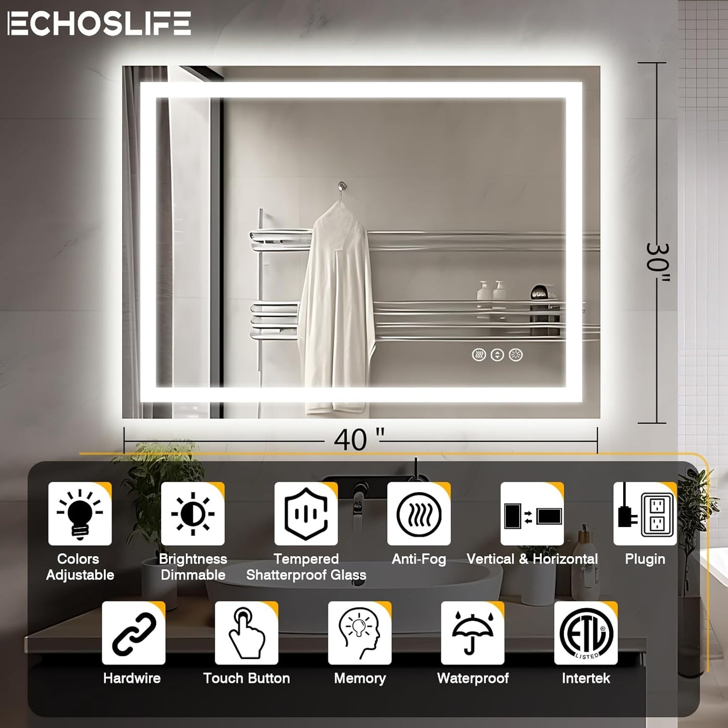 40"x30" LED Lights Bathroom Mirror with Front Lit and Backlit, Anti-Fog Vanity Mirror with Lights, Stepless Dimmable Lighted Mirror, 3 Colors Smart Mirror (Horizontal/Vertical)