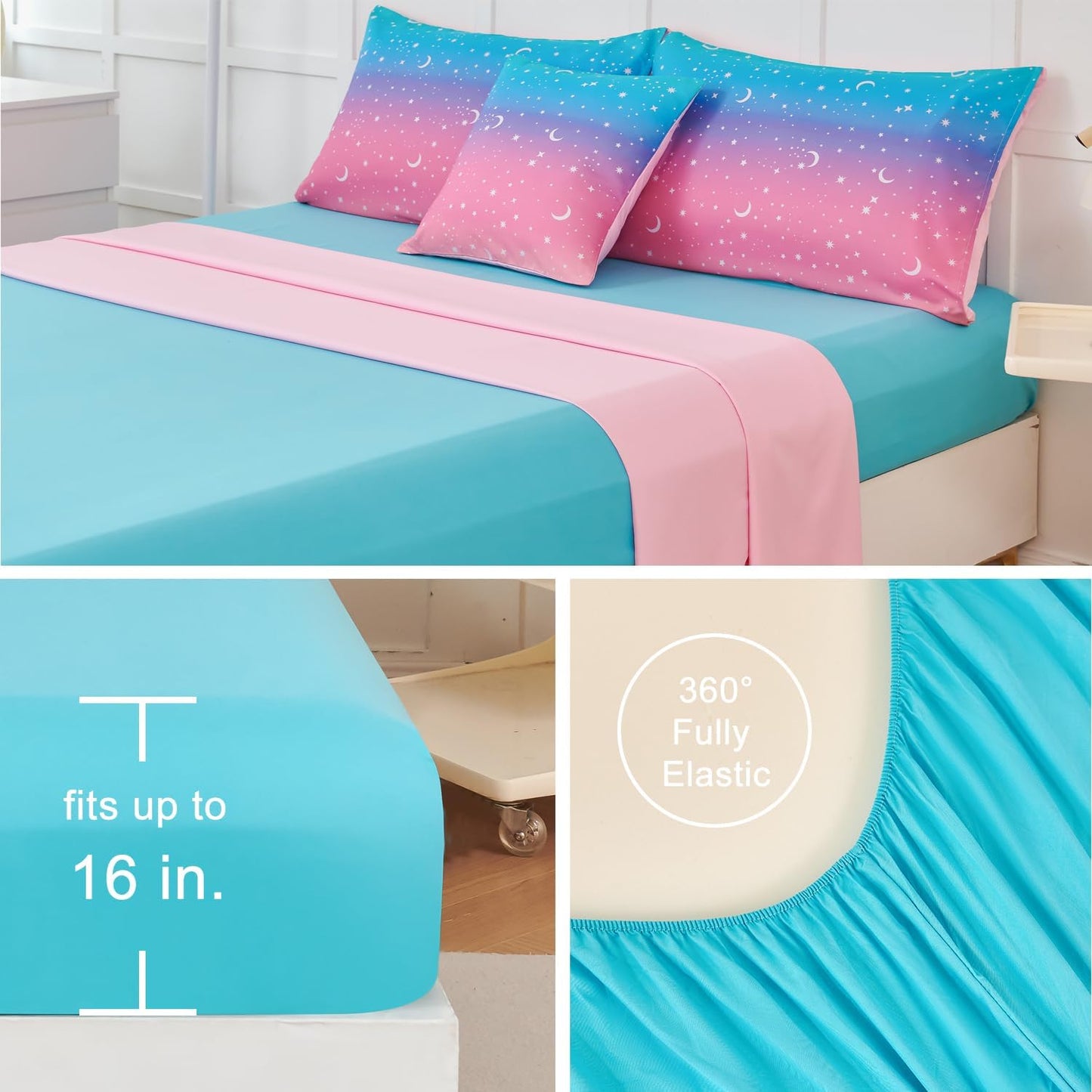 URBONUR 6 Pcs Gradient Glitter Comforter Set for Girls Full Size Colorful Rainbow Bedding Soft Lightweight Microfiber All Season Kids Bed Sets (Pink Blue)