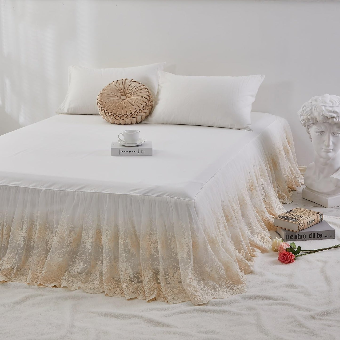 Brandream Lace Bed Skirt Twin Size Cream White 18 Inch Drop Romantic Dust Ruffle Split Corners Bed Sheets Cover Excellent Quality