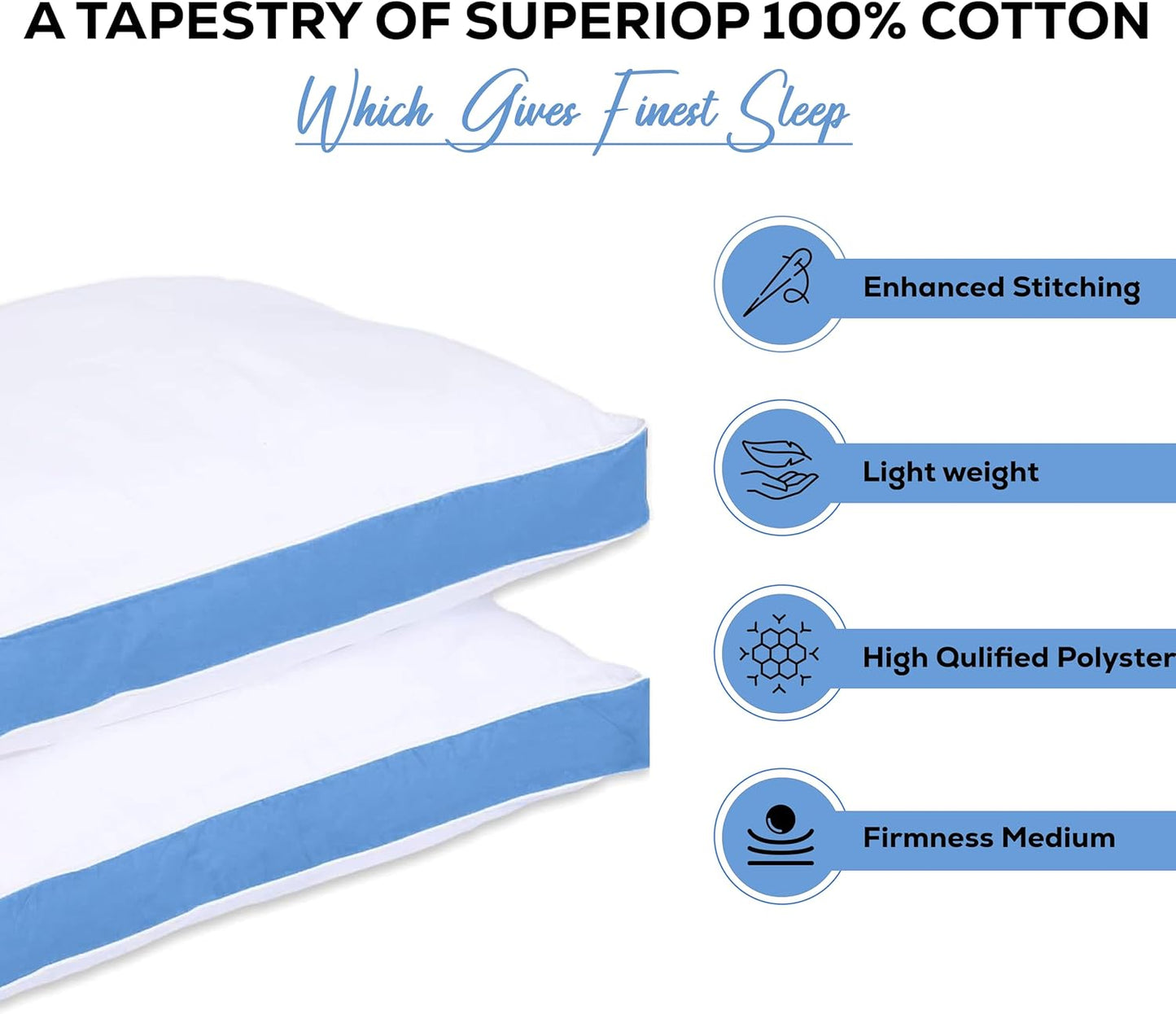GOLD TEXTILES Premium Queen Size Bed Pillow Set of 2 - Luxury Hotel Collection, Soft & Firm Support for Side Sleepers, Down Alternative, Fluffy & Plush Pillows for Sleeping (Blue, Pack of 2)