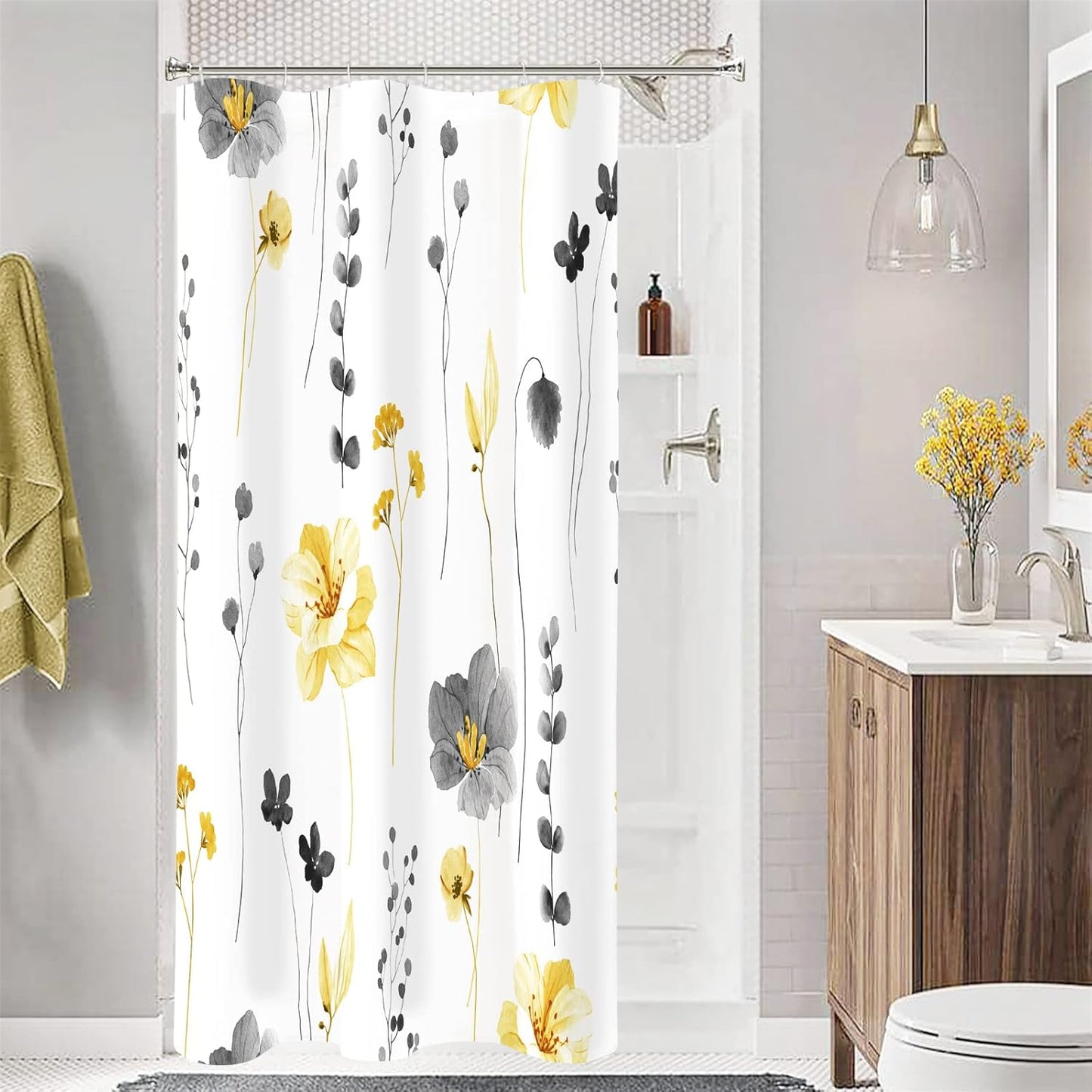 Gibelle Small Stall Shower Curtain 36 x 72, Narrow Half Watercolor Floral Fabric Shower Curtain, Yellow Grey Flower Decorative Bathroom Shower Curtain Set with Hooks