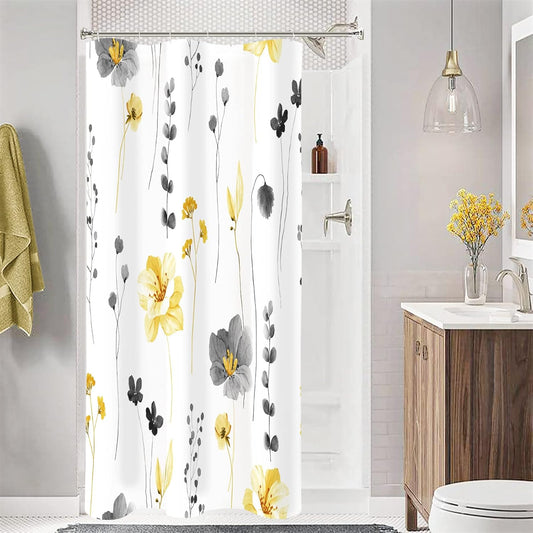 Gibelle Small Stall Shower Curtain 36 x 72, Narrow Half Watercolor Floral Fabric Shower Curtain, Yellow Grey Flower Decorative Bathroom Shower Curtain Set with Hooks