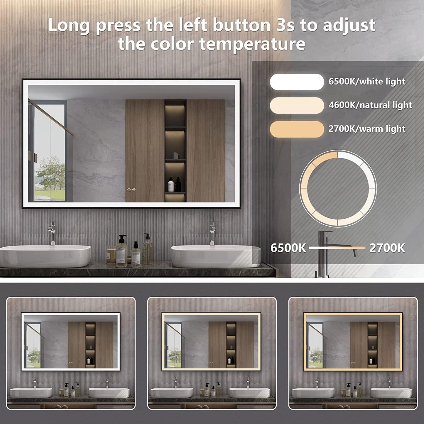 24"x 40" LED Bathroom Mirror with Black Frame, Stepless Dimmable, Anti-Fog, Shatter-Proof, Memory, 3 Colors, LED Vanity Mirror