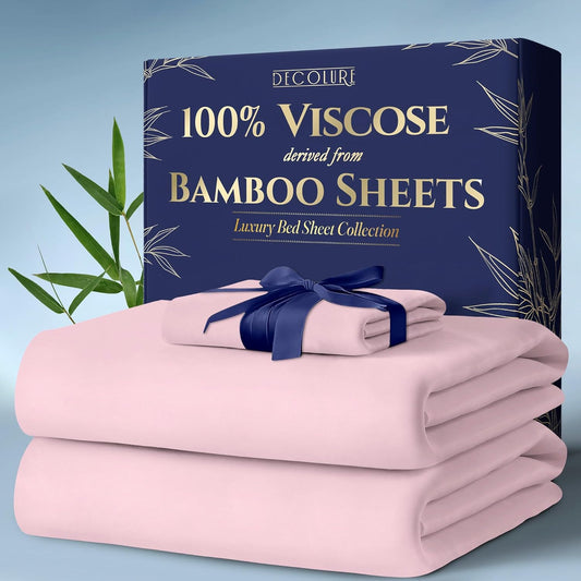 DECOLURE 100% Viscose Derived from Bamboo Sheets Twin Size 3pcs - Ultra Soft & Luxuriously Cooling, 17" Deep Pocket, Double Stitching, Perfect for Hot Sleepers - Twin Bed Sheets (Light Pink)