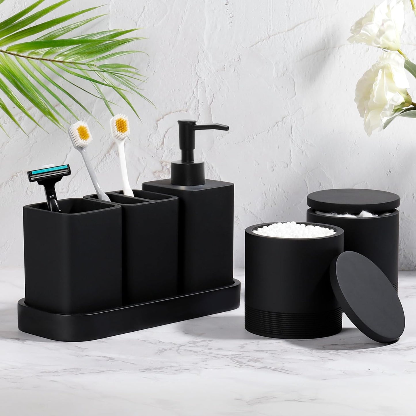 Bathroom Accessories Set, 6 Piece Bathroom Set with Toothbrush Holders, Soap Dispenser, Vanity Tray, Tumbler, Cotton Swab Jars, Bathroom Organizer，Bathroom Sink Sets, Matte Black
