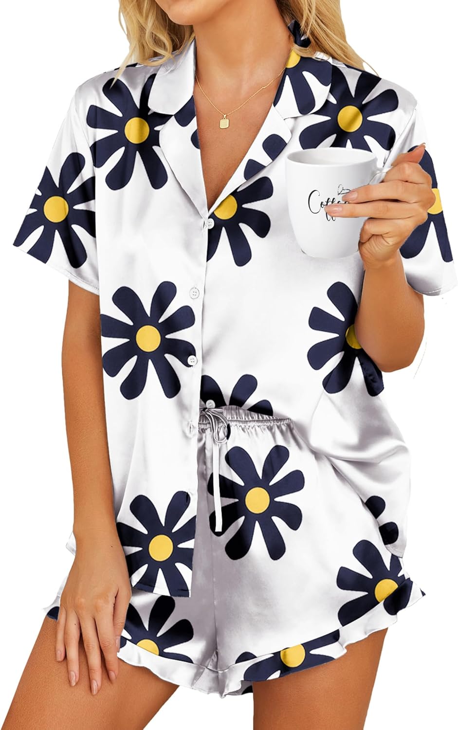 HOTOUCH Womens Satin Pajamas Set Button Down 2 Piece Silk Pjs Shorts Set Ruffle Lingerie Notch Collar Sleepwear